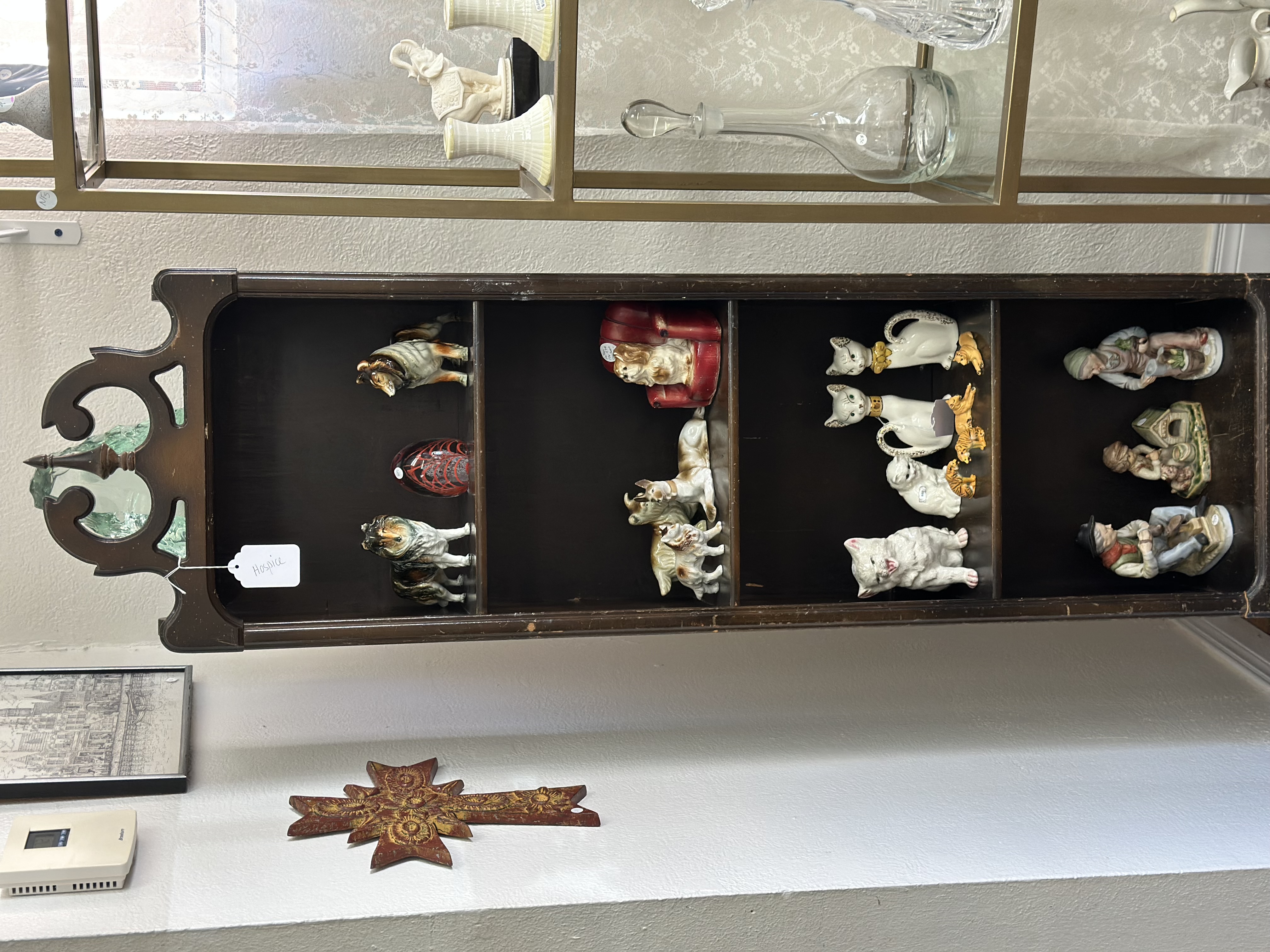 Lace table with milk glass and glassware